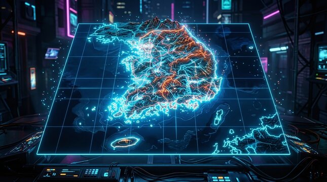 Digital South Korea topographic map display, a futuristic glowing hologram showing detailed geographical data and infrastructure in a high-tech control room environment.