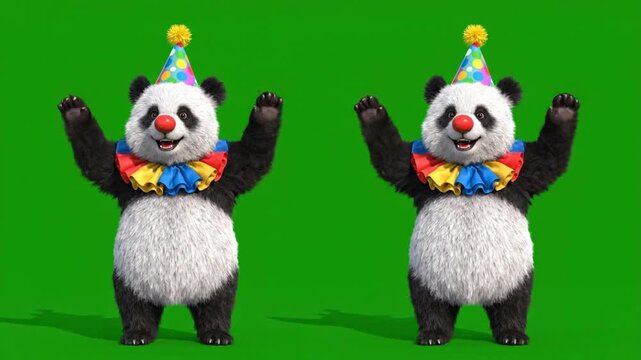3D animated panda clown character waving hello on green screen background, for kids party, and entertainment projects
