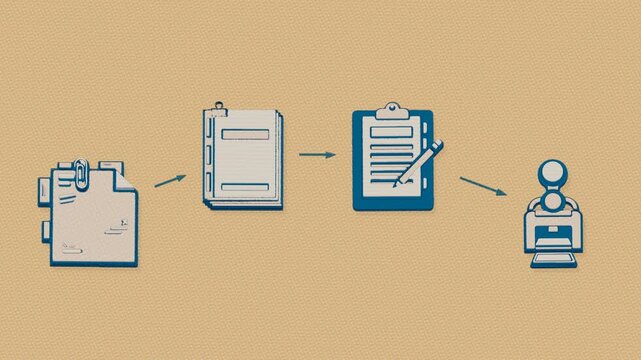 Editorial review compares a corrected manuscript with its proof, secures acceptance, and places the approved submission in the version archive. Flat 3D style printed from two plates.