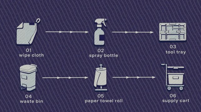 Clinic turnover clears surfaces, disinfects equipment, returns supplies, and closes waste for the next animal. Flat 3D style with a dry pencil texture; objects numbered and labelled in English.