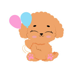 Fototapeta premium Cute fluffy poodle dog isolated on white background. Adorable brown puppy character illustration for kids design, pet care, animal cards, sticker set and children pattern design