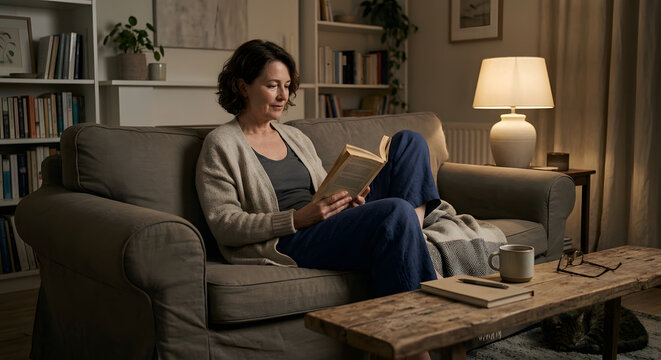 Adult Ending the Day With a Quiet Reading Routine at Home