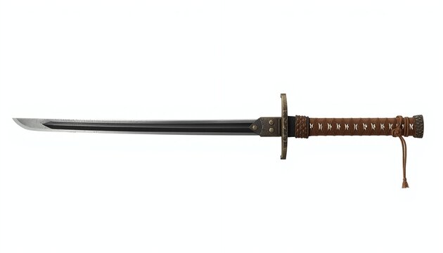 Detailed Japanese style sword with dark carbon steel blade, sharp edge, and traditional brown cord-wrapped hilt, featuring a bronze guard, isolated on a clean white background for martial arts.