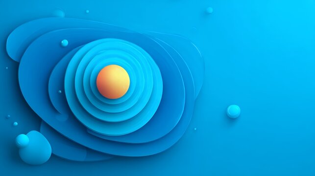 3D abstract blue topographic layers with a bright orange glowing sphere in the center resembling an eye or planet for creative design