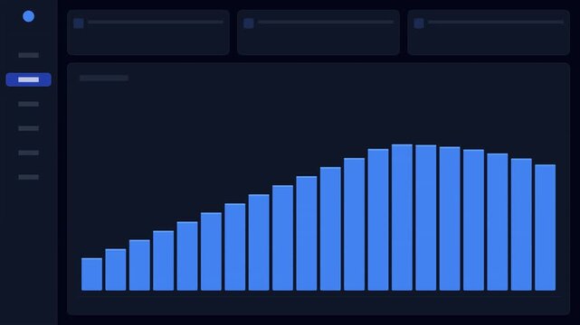 Blue digital dashboard displaying various business data bar charts