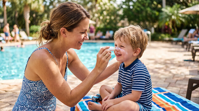 Mother applying sunscreen stick on smiling toddler boy face by poolside