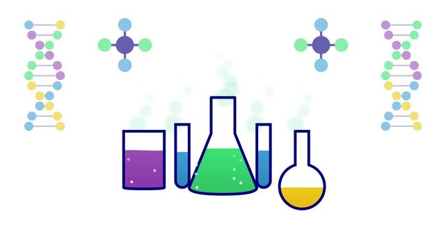 Science laboratory equipment and dna helix seamless pattern background