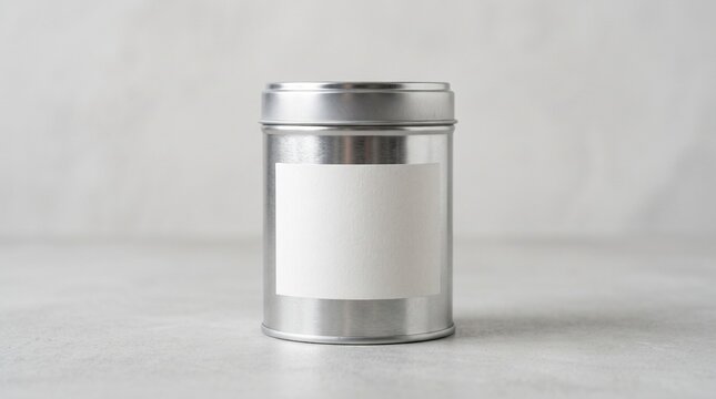 Metallic tin can with blank white label mockup on neutral grey background, product packaging design template