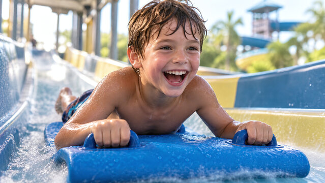 Happy young boy sliding down a water slide on a blue mat at sunny waterpark
