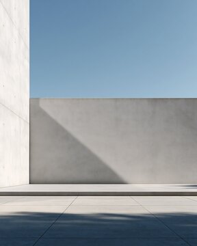 Minimalist architectural scene featuring smooth light gray concrete walls and a tiled floor under a clear blue sky with sharp geometric shadows