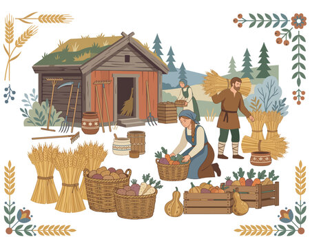 Medieval peasants gathering autumn harvest near a wooden cabin