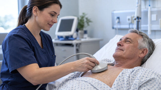 Female technician using telemetry wand for pacemaker check on senior patient