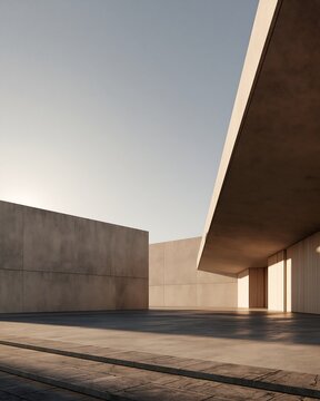 Minimalist architectural structure with concrete walls, geometric shadows, and a clear sky, showcasing clean lines and a neutral beige color palette