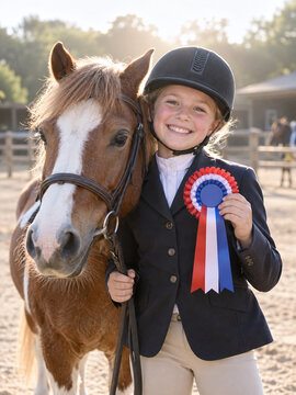 Proud young girl holding winning rosette ribbon with her pony at horse show