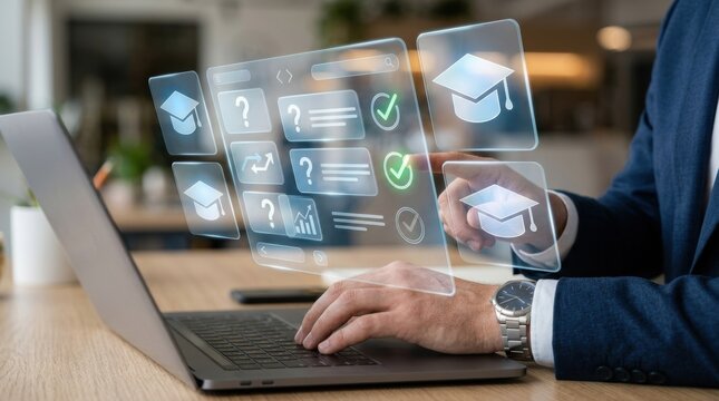 Professional interacting with a digital interface for online education and assessment systems