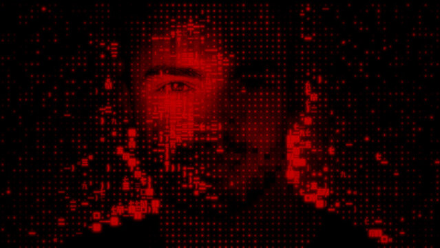 Digital Face dissolving into Computer Code, representing Dark Web Data Leak Concept.