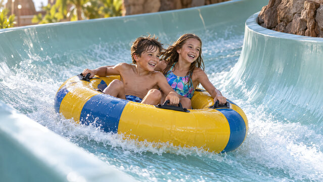Happy siblings sliding down a thrilling water park slide in an inflatable tube