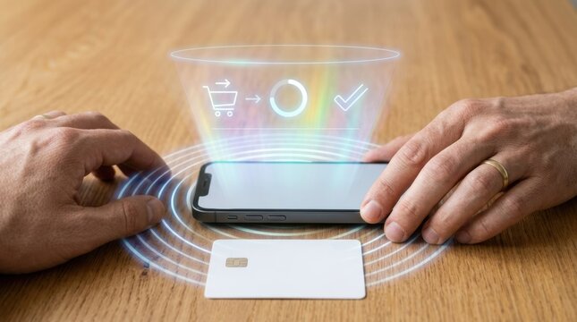 Digital payment concept with a smartphone and credit card on a wooden table surface background
