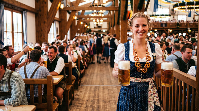 Smiling waitress in traditional dirndl carrying beer steins at Oktoberfest
