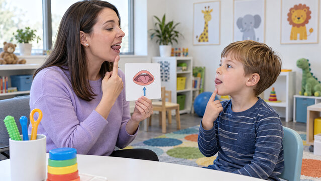 Speech therapist teaching young boy tongue elevation exercise in clinic