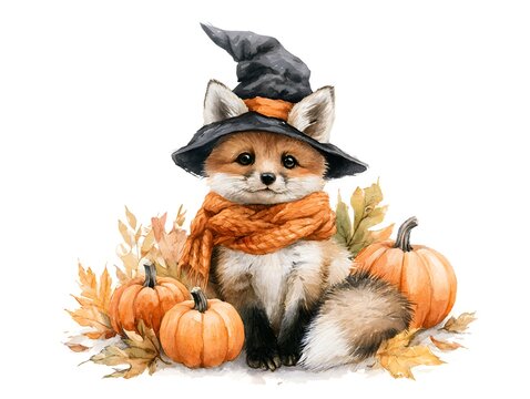Cute watercolor fox wearing a witch hat and scarf surrounded by pumpkins and autumn leaves
