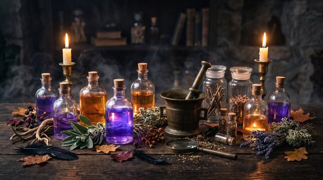 Mysterious Halloween apothecary still life with vintage glass bottles, herbs, roots, feathers and atmospheric magical lighting.