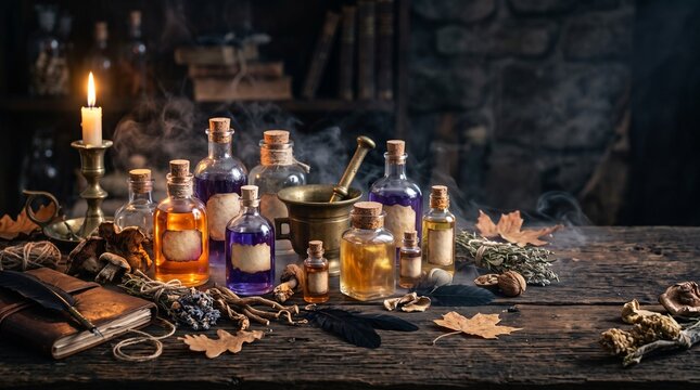 Mysterious Halloween apothecary still life with vintage glass bottles, herbs, roots, feathers and atmospheric magical lighting.