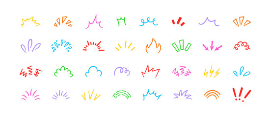Fototapeta na wymiar Doodle manga comic expression elements. Hand drawn shine sunburst ray. Doodle cartoon sparkle signs. Emotion effect design element. Sketch burst icon. Vector illustration isolated on white background.