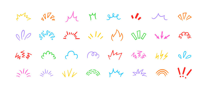 Doodle manga comic expression elements. Hand drawn shine sunburst ray. Doodle cartoon sparkle signs. Emotion effect design element. Sketch burst icon. Vector illustration isolated on white background.