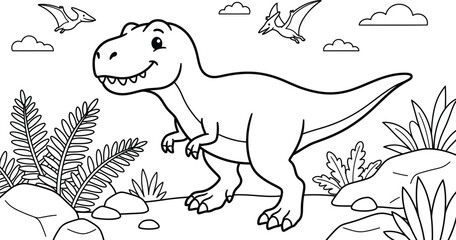 Cute TRex Dinosaur Coloring Page With Flying Pterodactyls Line Art © Abdul