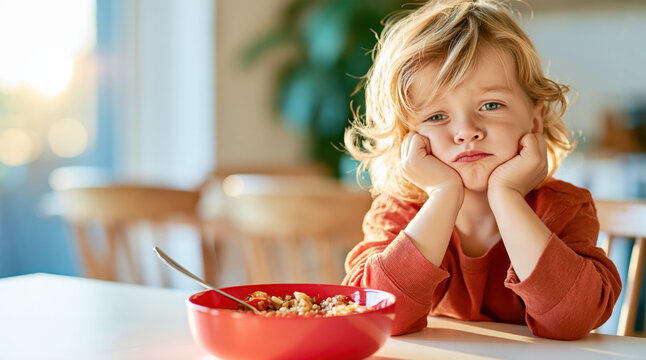 Young child feeling bored at mealtime with cereal