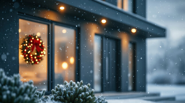 Modern home decorating for winter holidays with snow falling