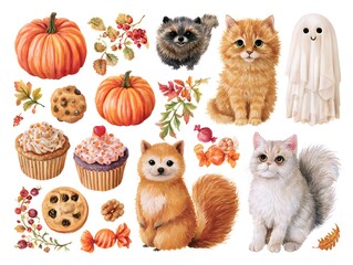 Obraz premium Cute watercolor autumn collection with pumpkins, cats, animals, and sweets