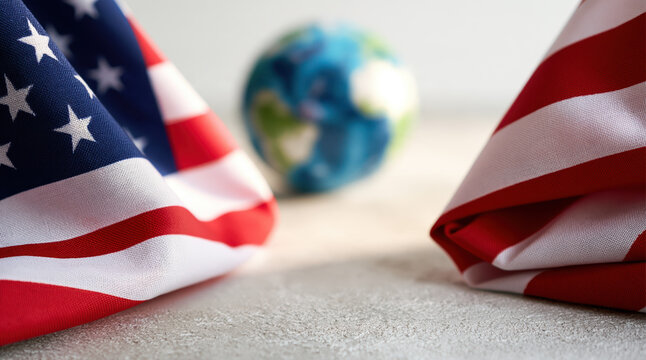American flag framing globe on wooden table surface