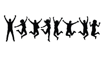 Fototapeta premium Silhouette of jumping people arranged in a horizontal line against a white background silhouettes figure