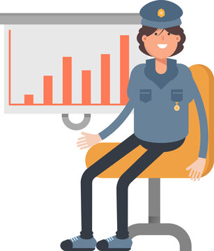 Woman Police Character Presenting Bar Chart
