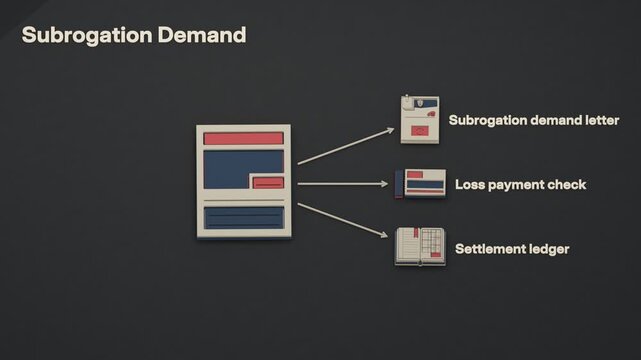 After the insurer pays the loss, a signed assignment of rights supports a demand to the carrier, linking recovery to payment and settlement records. Flat 3D style; objects labelled in English.