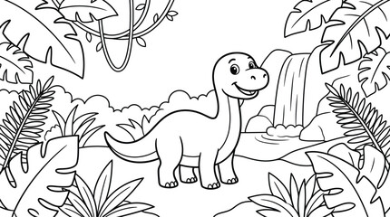 Fototapeta premium Cute Dinosaur Coloring Page With Waterfall Jungle Background Vector Line Art