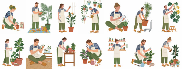 Naklejka premium Collection of flat vector illustrations of diverse people engaged in various indoor gardening and plant care activities, isolated on a white background.