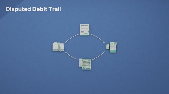 Dunning starts a debit dispute circuit: subrogation transfers recovery rights, remittance enters the ledger, and the trail returns to its origin. Flat 3D style; an English title card.