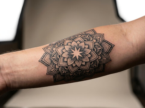 Detailed black and grey mandala flower tattoo on human arm