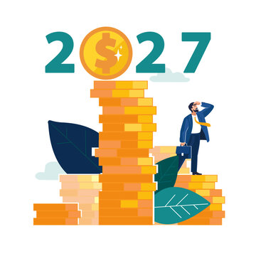 New Year numbers 2027. Business expert businessman analyzes financial market growth, dollars gold cents for new 2027 year, calendar, background. man climbs up stacks of pennies. people Vector illustra