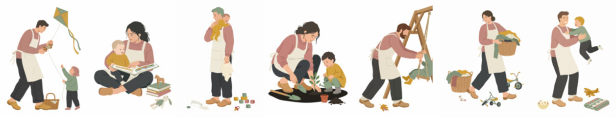 Obraz premium Collection of flat vector illustrations depicting parents and children engaging in various everyday activities, bonding, and doing chores together on white background.