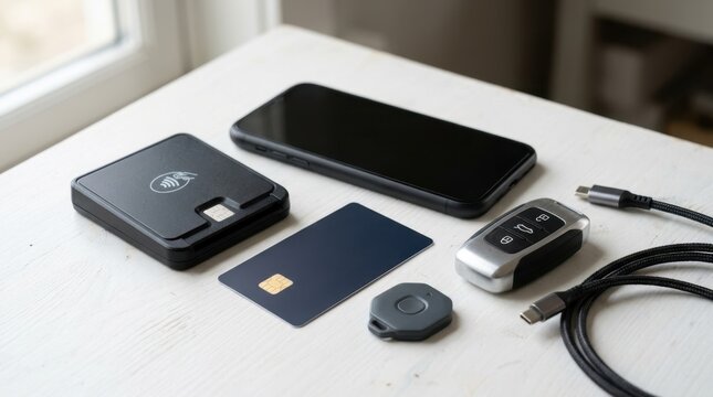 Contactless payment reader, smartphone, blank card, security token, USB-C cable and metal key fob arranged on a matte white workbench
