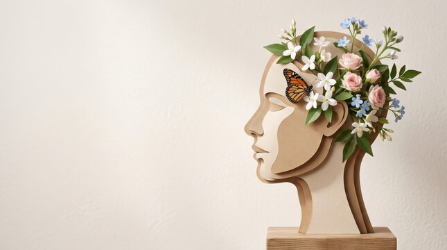Artistic profile of a human head decorated with flowers and a butterfly, symbolizing mental health, emotional wellbeing, self-care, inner growth and personal transformation. Copy space