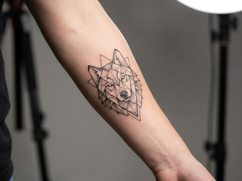 Geometric wolf head tattoo on human forearm in studio lighting