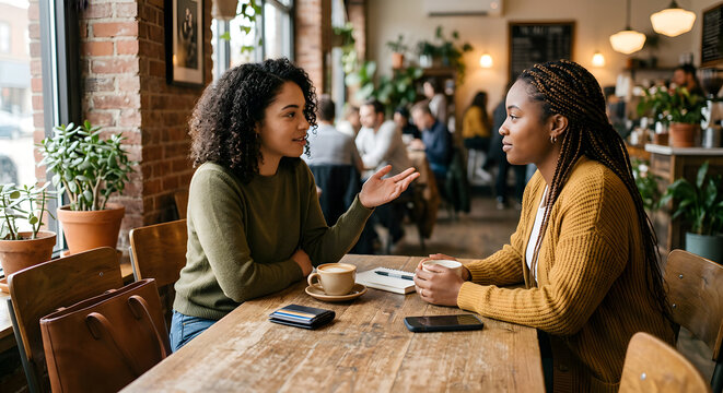 Two Young Adult Friends Having a Calm Conversation in a Cafe