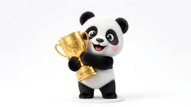 Adorable panda bear joyfully celebrates a hard earned victory proudly holding a beautiful gleaming gold trophy high above