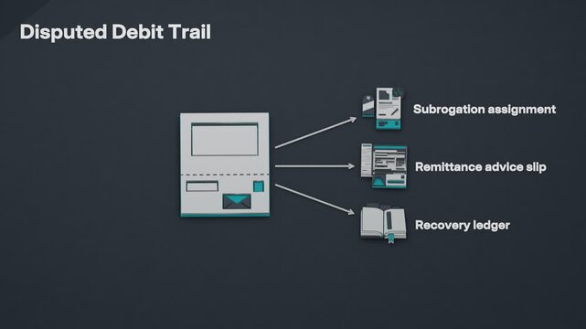 A dunning notice sets disputed debit recovery in motion, branching into a subrogation assignment, remittance advice and recovery ledger entries. Flat 3D style; objects labelled in English.
