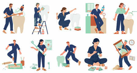 Fototapeta premium Collection of illustrations showing people practicing good oral hygiene habits with giant dental tools and teeth for a healthy smile.